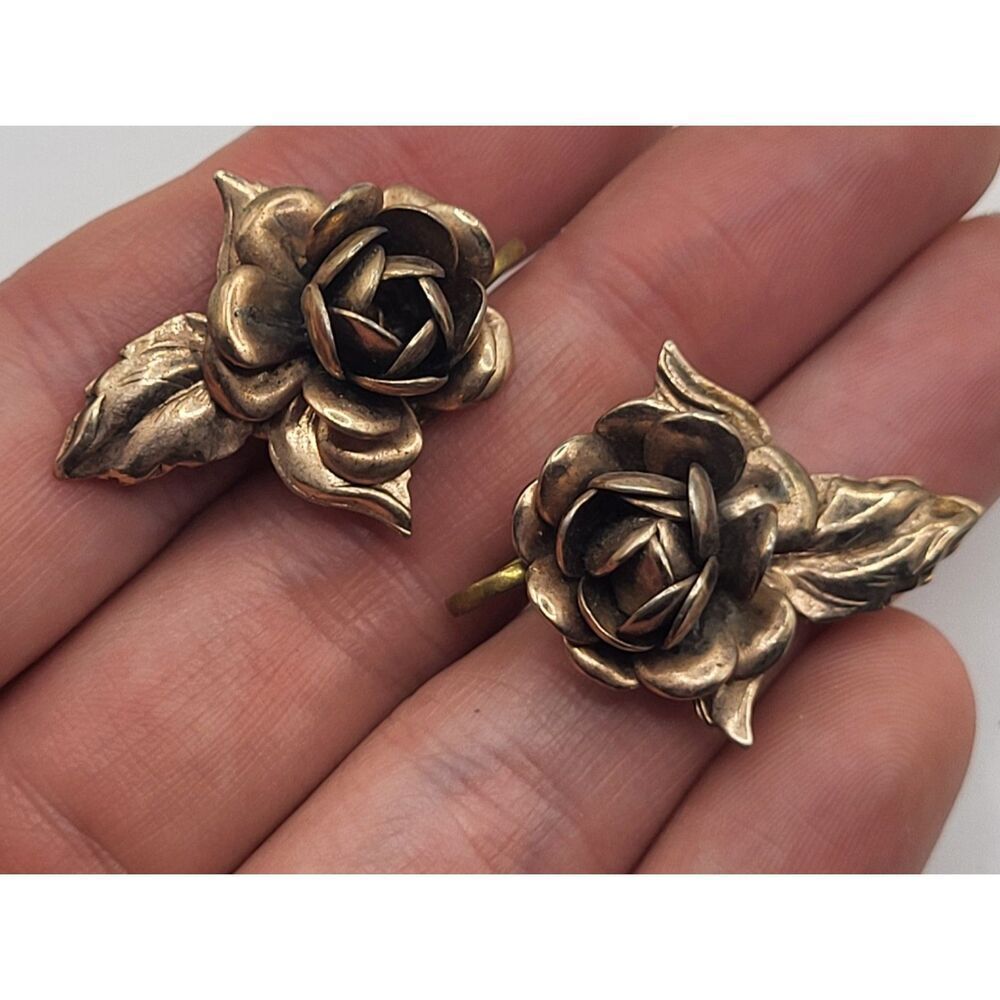 Vintage 50s Sterling Silver Rose Screw Back Earrings 1.25in